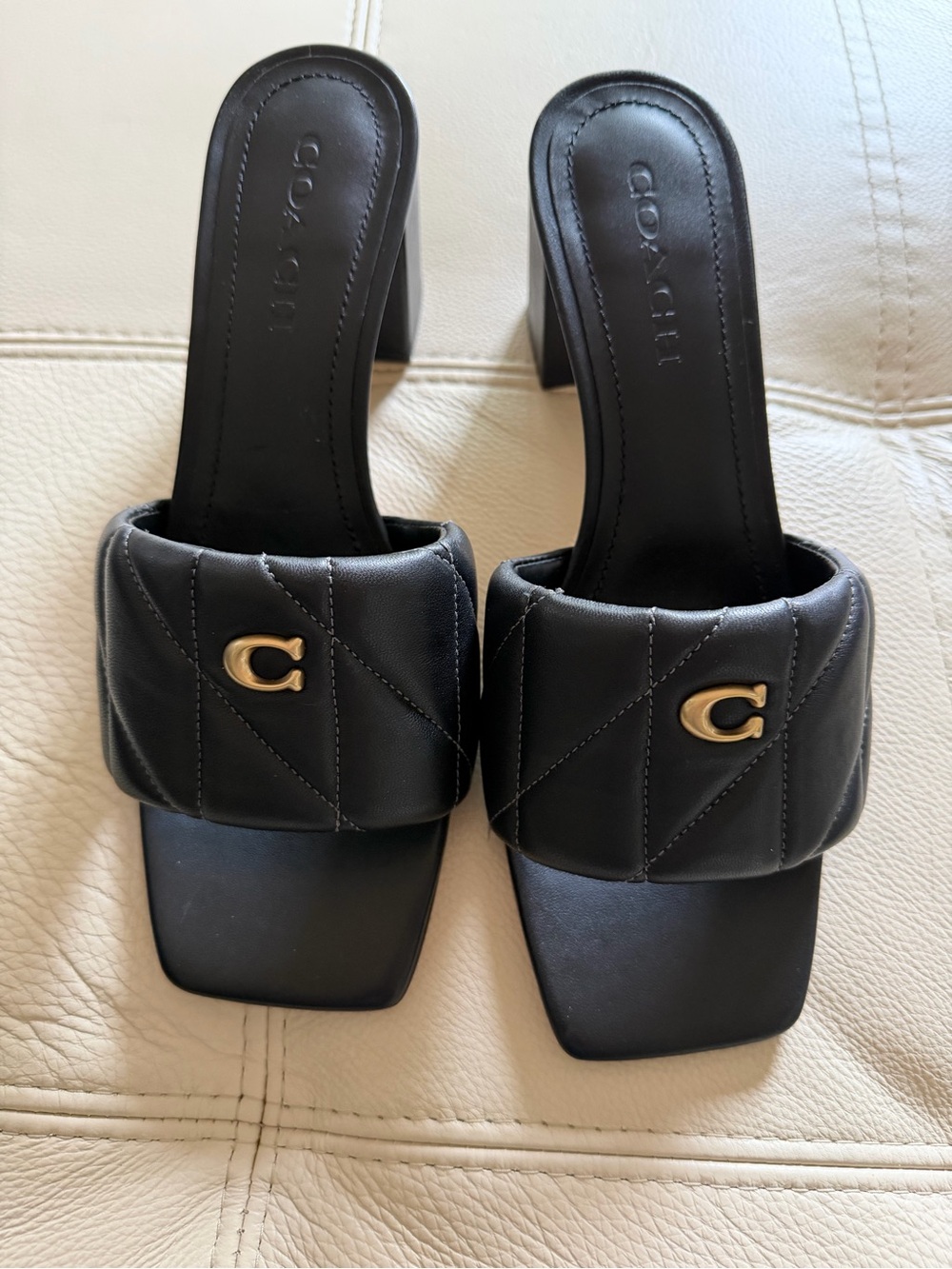 Coach Black Leather Quilted Heeled Mules